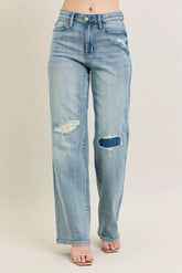 High Waisted Destroy & Knee Patch Straight Jeans With Plus Size Judy Blue